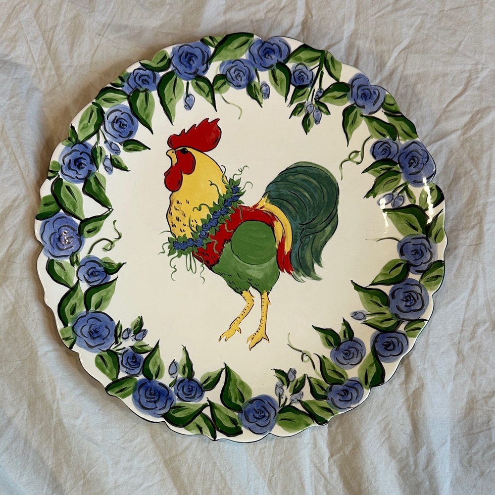 Blue Sky Colorful Rooster Plate with Blue Floral Border